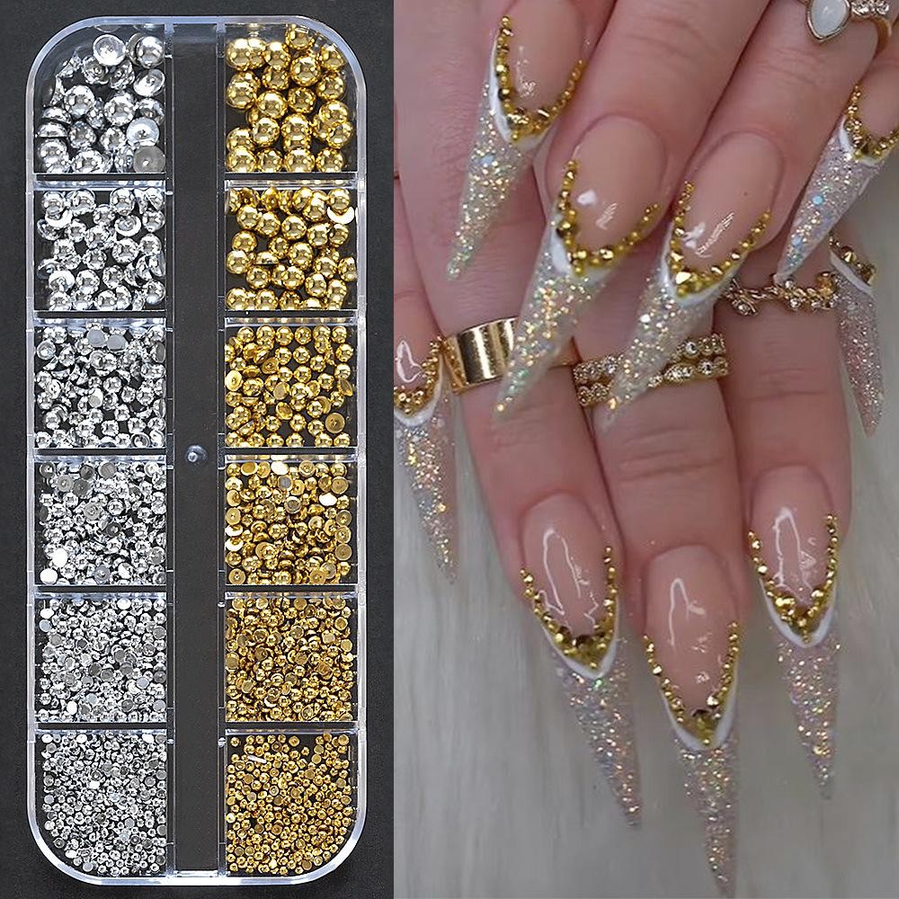 Star & Moon Natural Nail Art Kit, 12-Grid Gold Silver Half Pearls Metal Charms