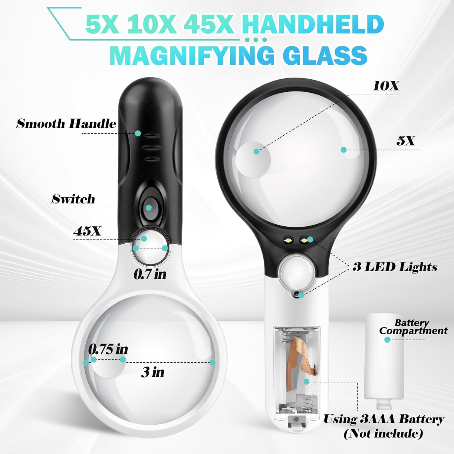 Lighted Compact Magnifying Glass – 45X 10X 5X for Reading & Low Vision