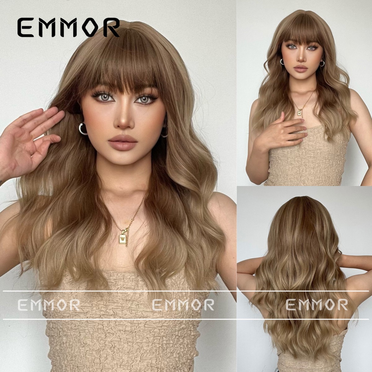 Fashion Ombre Brown Full Bangs Long Curly Synthetic Heat Resistant Full Wig for