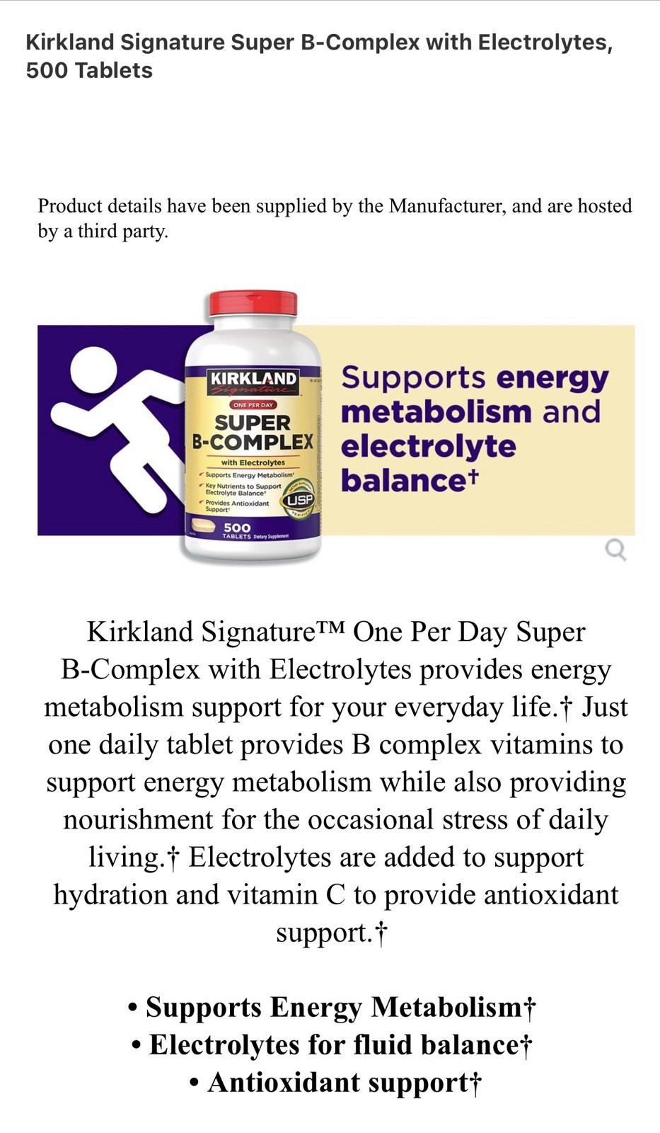 Kirkland Signature Super B-Complex with Electrolytes, 500 Tablets