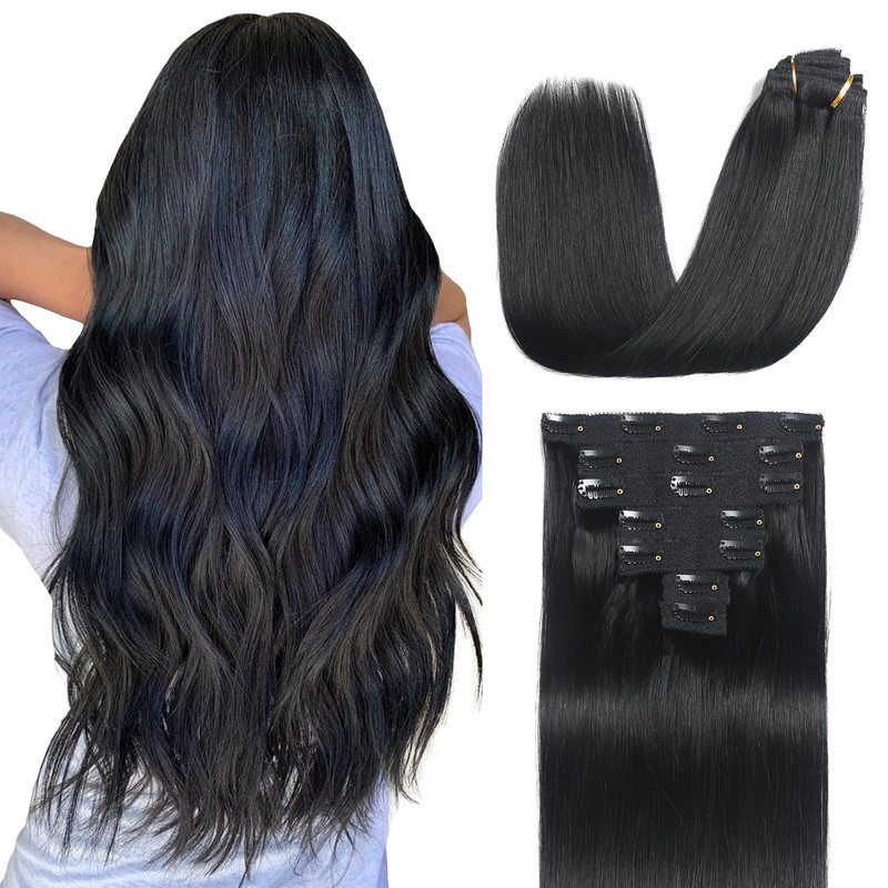 Sisily Clip In Hair Extensions Real Human Hair 18 Inch 120G Jet Black 100