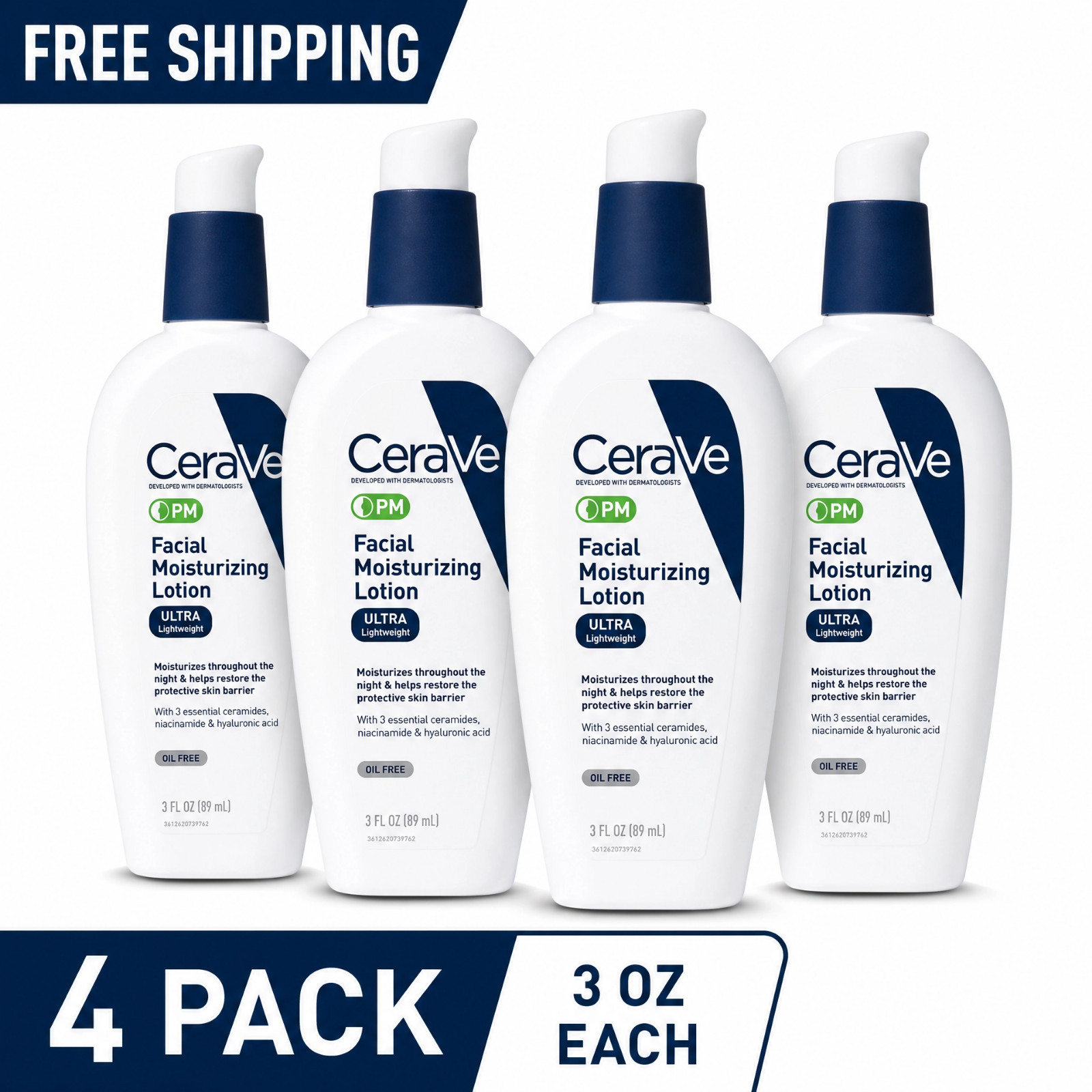 CeraVe PM Facial Moisturizing Lotion 3oz Pack of 4 Night Cream Free Shipping