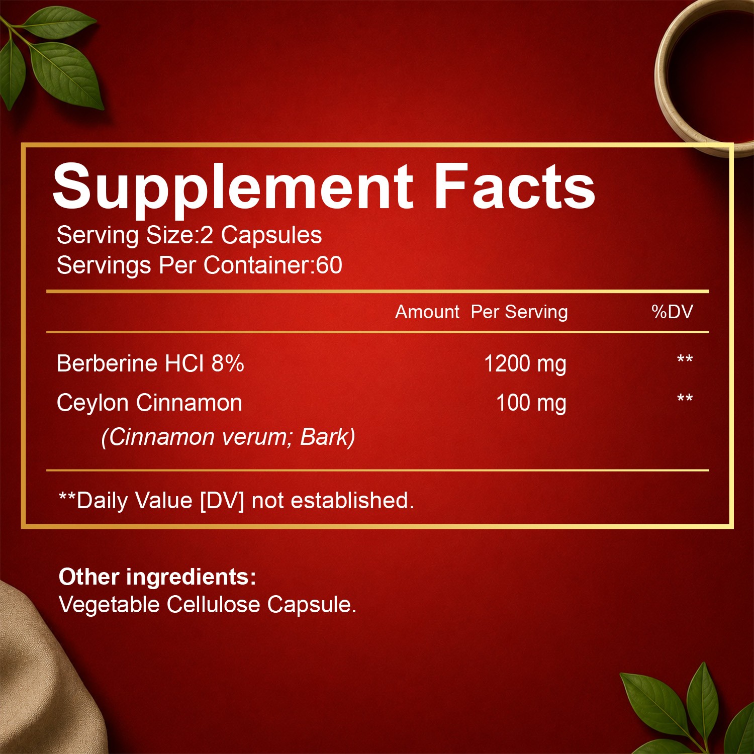 Berberine 1200mg High Absorption Capsules Metabolic & Immune Support 120 Ct