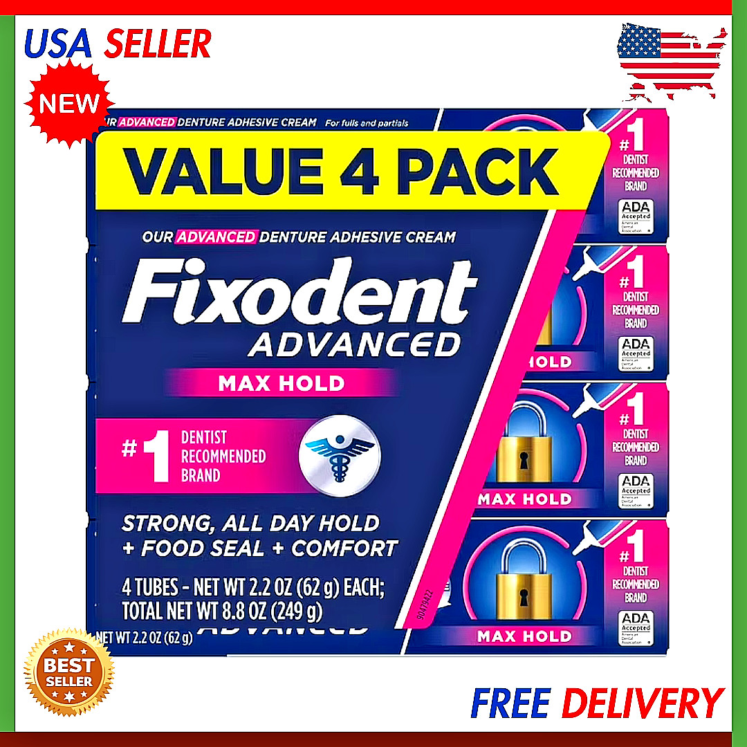 Fixodent Advanced Max Hold Denture Adhesive Cream 4 Pack 2.2 Oz Secure All Day