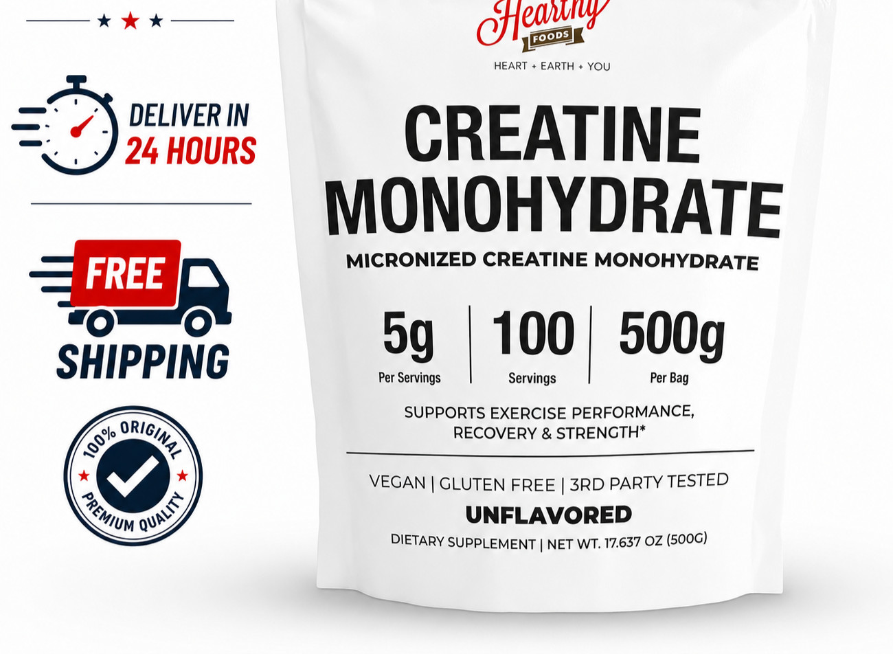 HEARTHY FOODS Creatine Monohydrate Micronized Powder 500G – 100 Servings, 5000mg