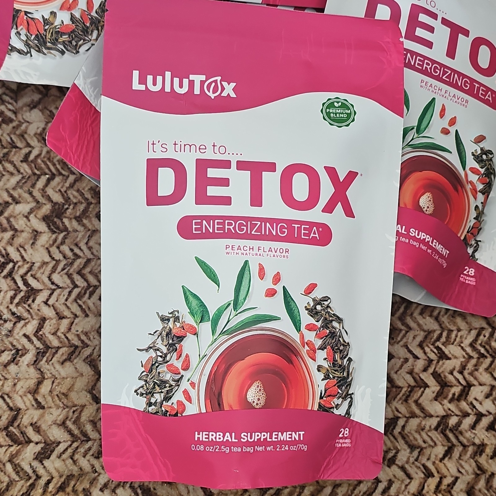 LuluTox Detox Energizing Tea Peach Flavor, Vegan Gluten-Free, 28 Tea Bags