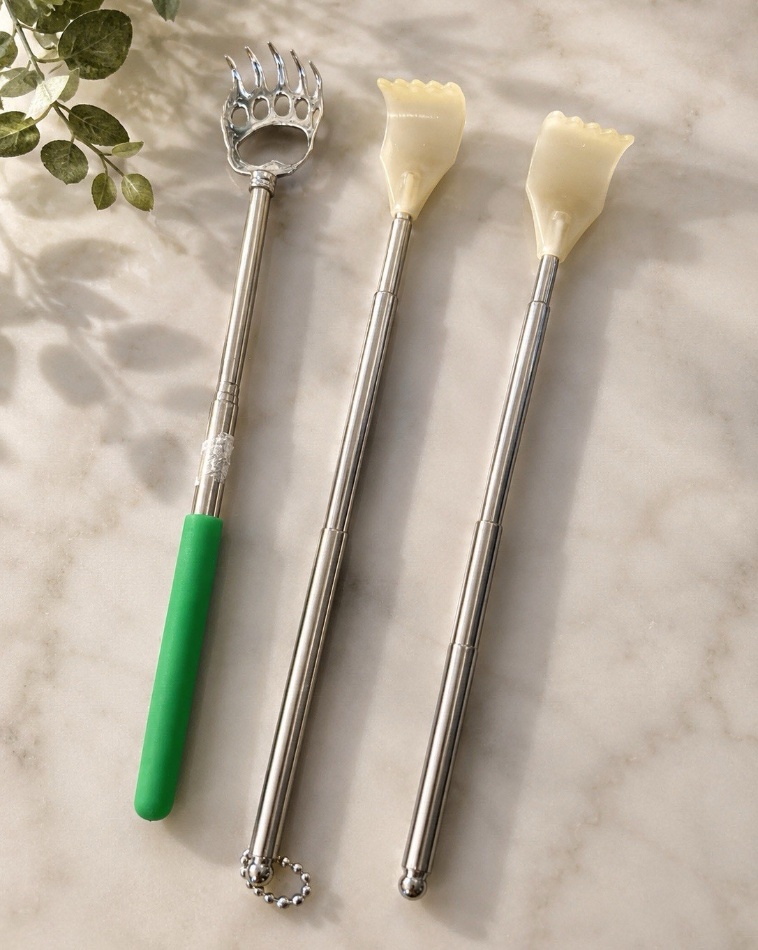 3-Piece Telescoping Metal Back Scratcher Set, Silver with Green Handles
