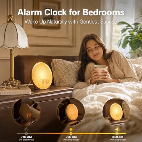 Full-Screen Wake Up Light Sunrise Alarm Clocks for Bedrooms, White Walnut Wood