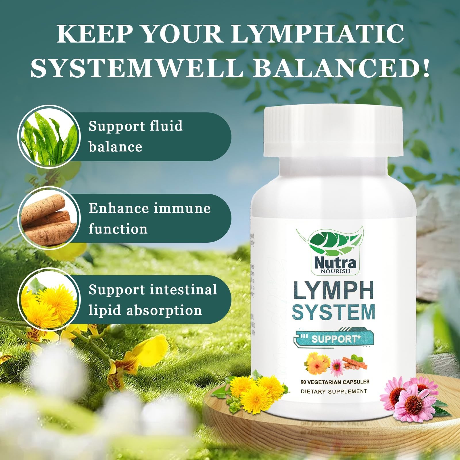 Lymphatic Drainage Supplements with Dandelion, Echinacea & Bromelain – 120 Count