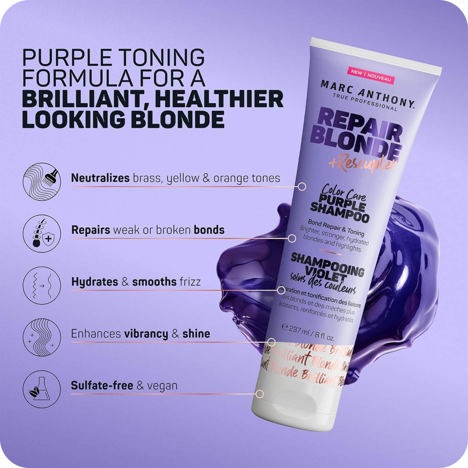 Marc Anthony Bond Repair Purple Shampoo for Blonde & Grey Hair, Color-Safe Tonin