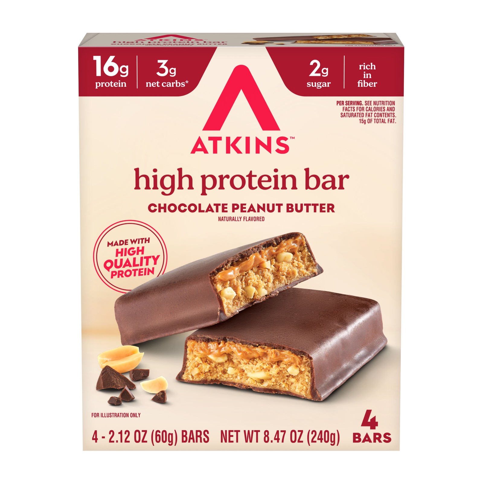 Atkins High Protein Bars, Chocolate Peanut Butter Flavored, 16G Protein, 4 Count