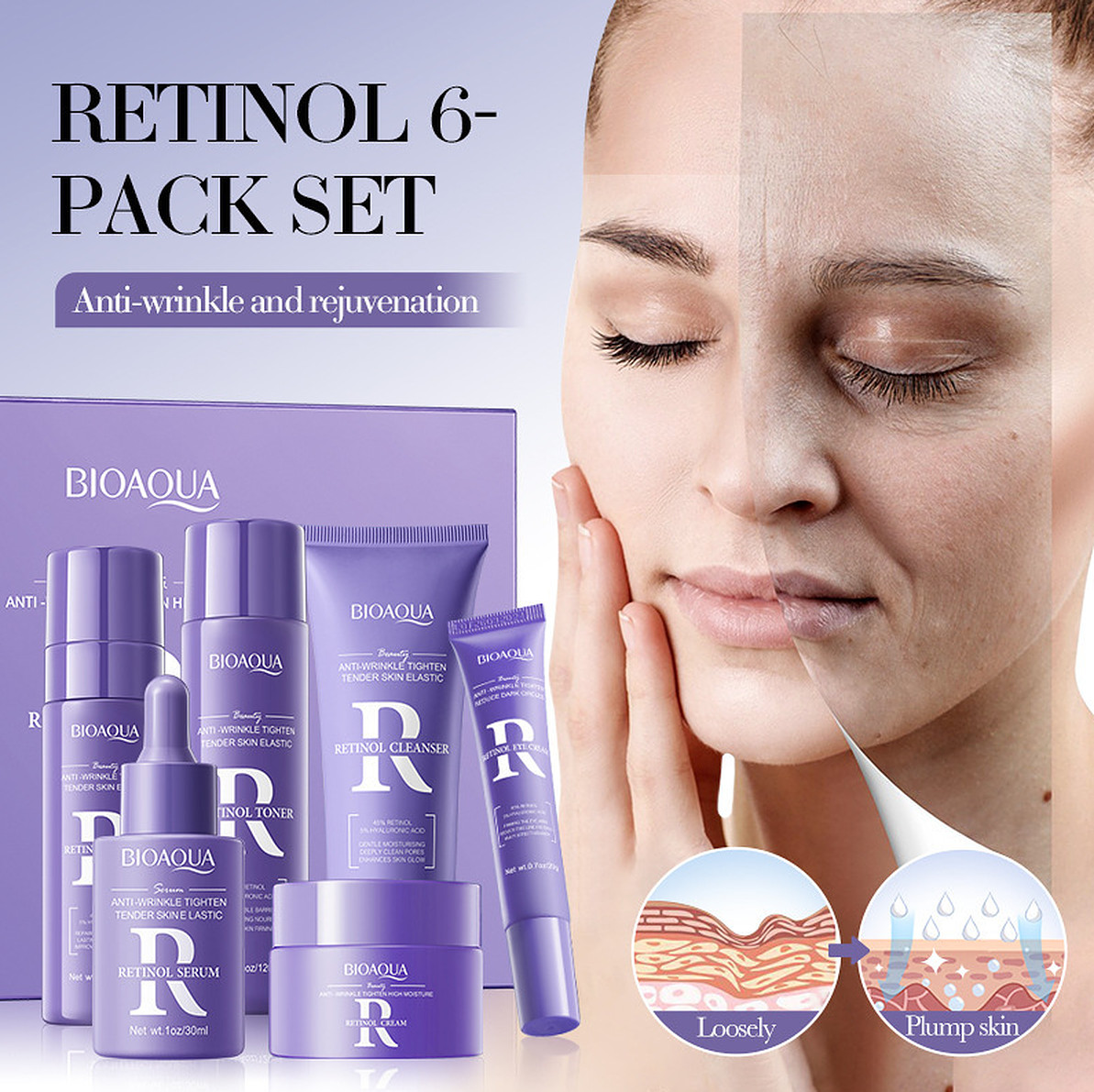 Bioaqua Retinol 6pcs Set Face Skin Care Smooth 100g+120ml+20g+30ml+80ml+60g