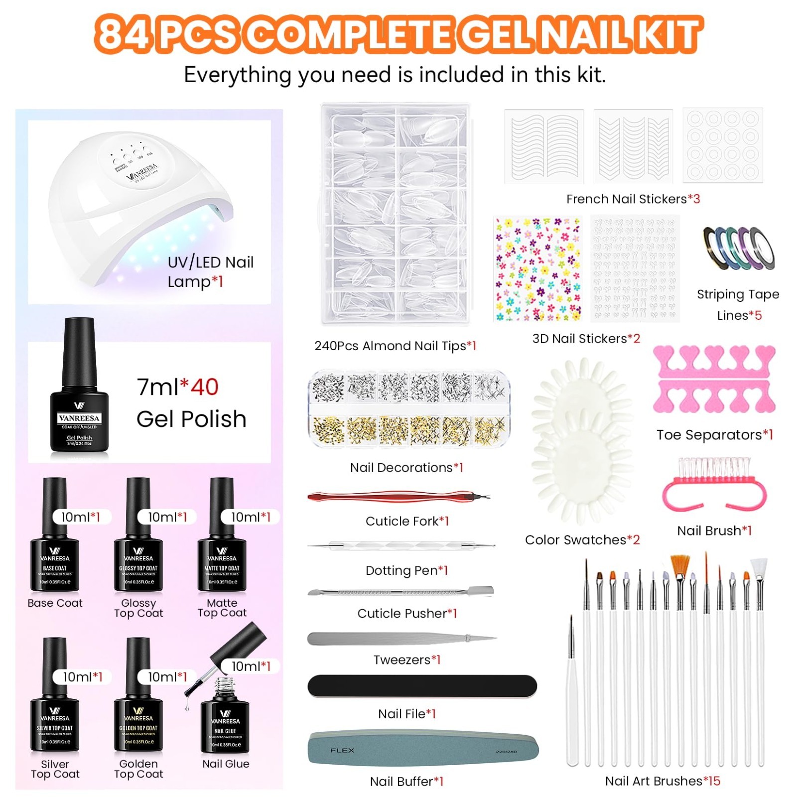 84 Pcs Gel Nail Polish Kit with UV Light, 40 Colors, Base & Top Coats, Almond Ti
