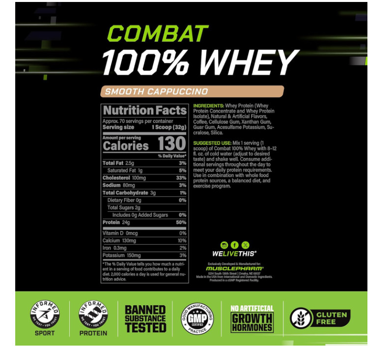 MusclePharm Combat 100% Whey Protein Cappuccino 5lb 70 Servings Whey Isolate Pro