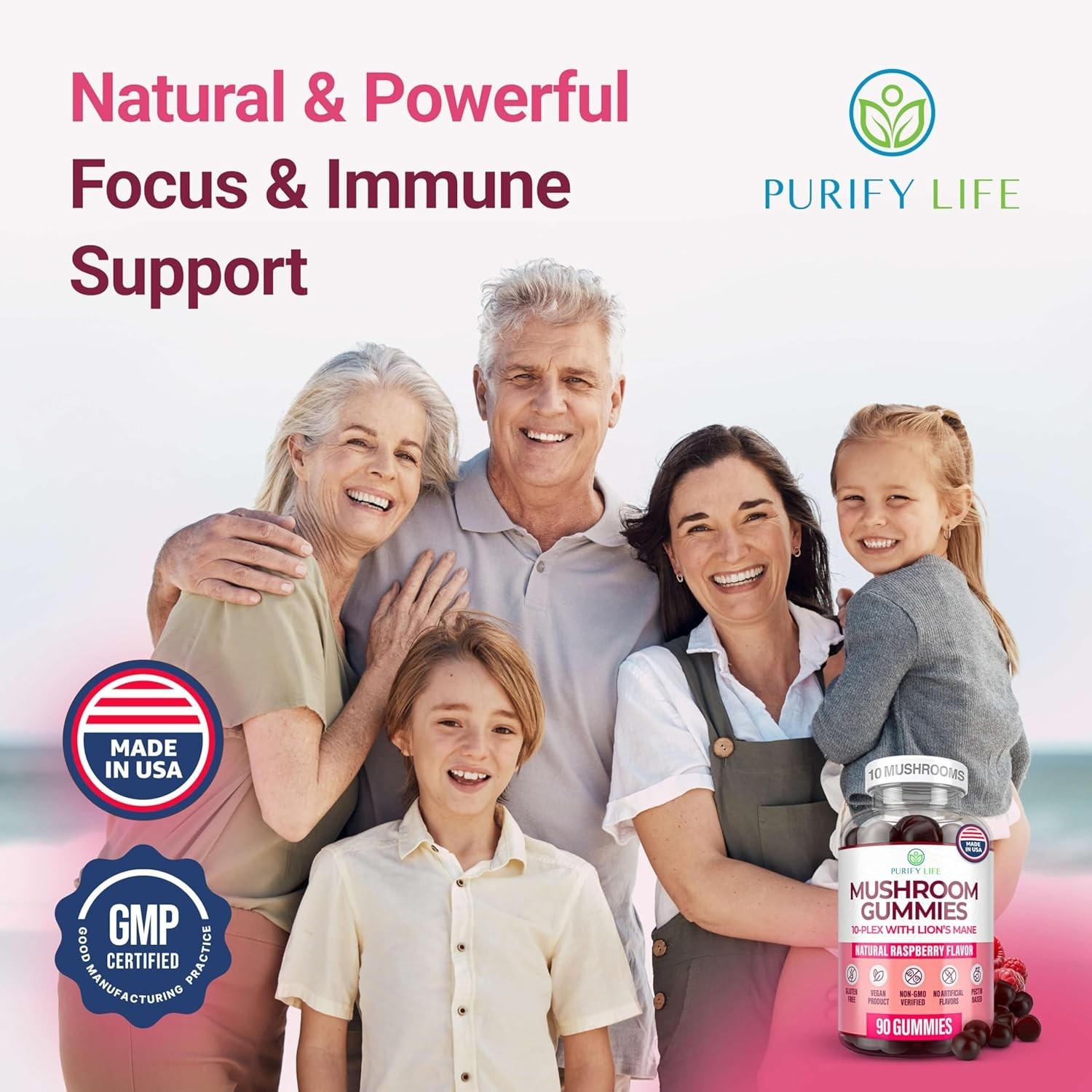 Purify Life Mushroom Complex Gummies 10x Supplement w/ Lions Mane (90 Chews)