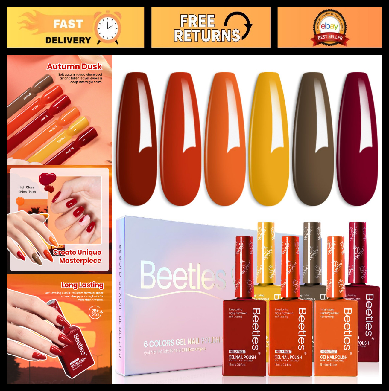 6 Colors Hema-Free Gel Polish Set – 15ML Burgundy Brown Red Yellow Orange, Soak