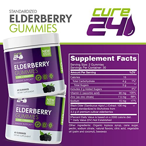 Cure24 Sambucus Elderberry Gummies with Zinc and Vitamin 60 Count (Pack of 1)