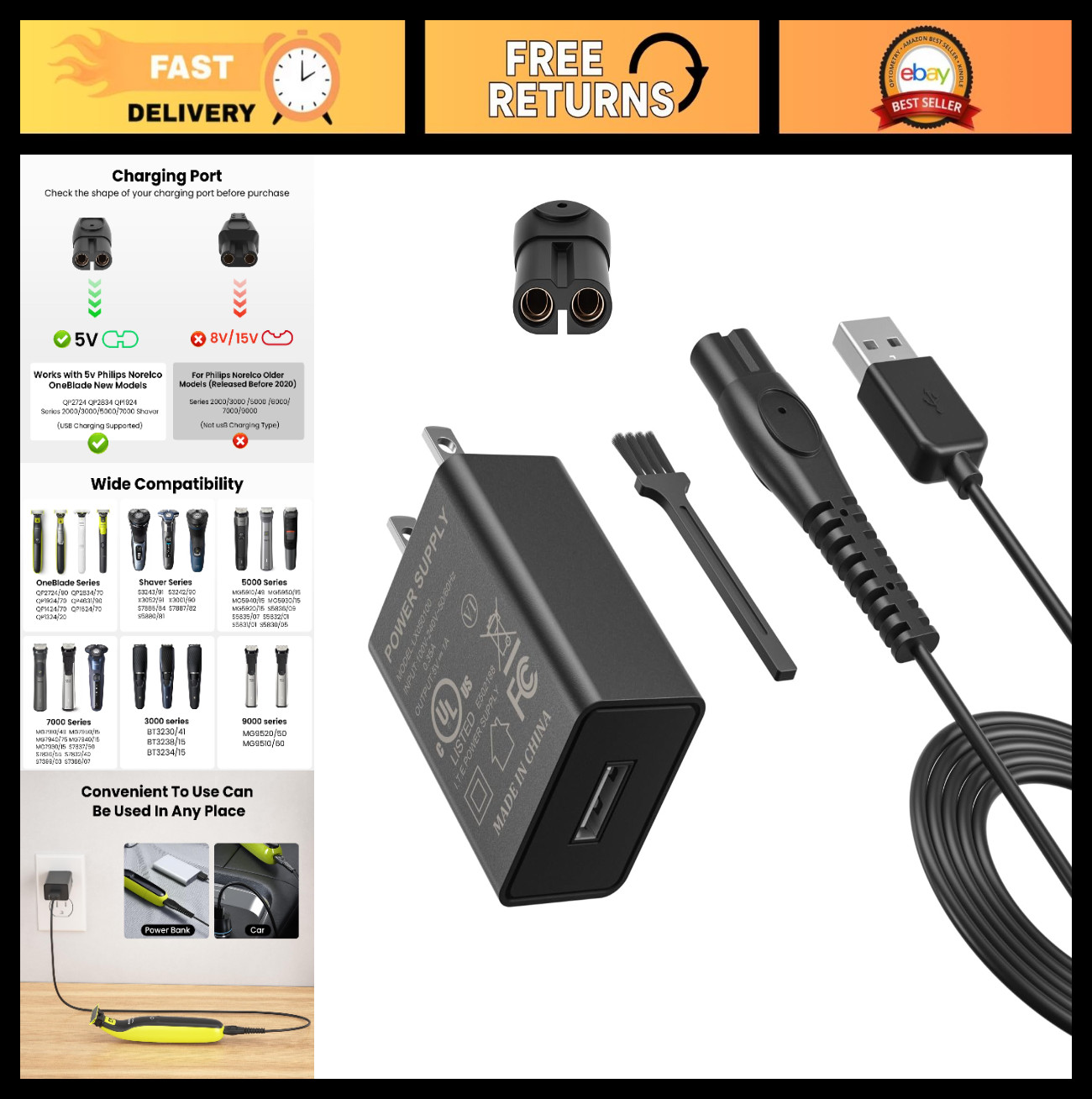 5V Charger for Philips Norelco OneBlade, MG Series Trimmers, Fast Charging Cord