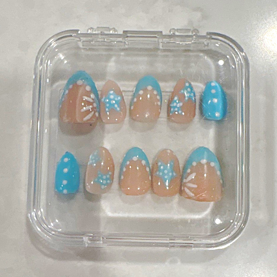 Press-On Nails French Almond Small Blue Beige Starfish Full Cover w/ Glue