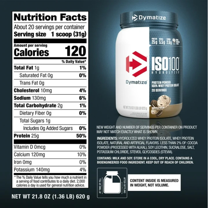 Dymatize ISO100 Hydrolyzed Whey Isolate, Cookies & Cream, 20 Servings