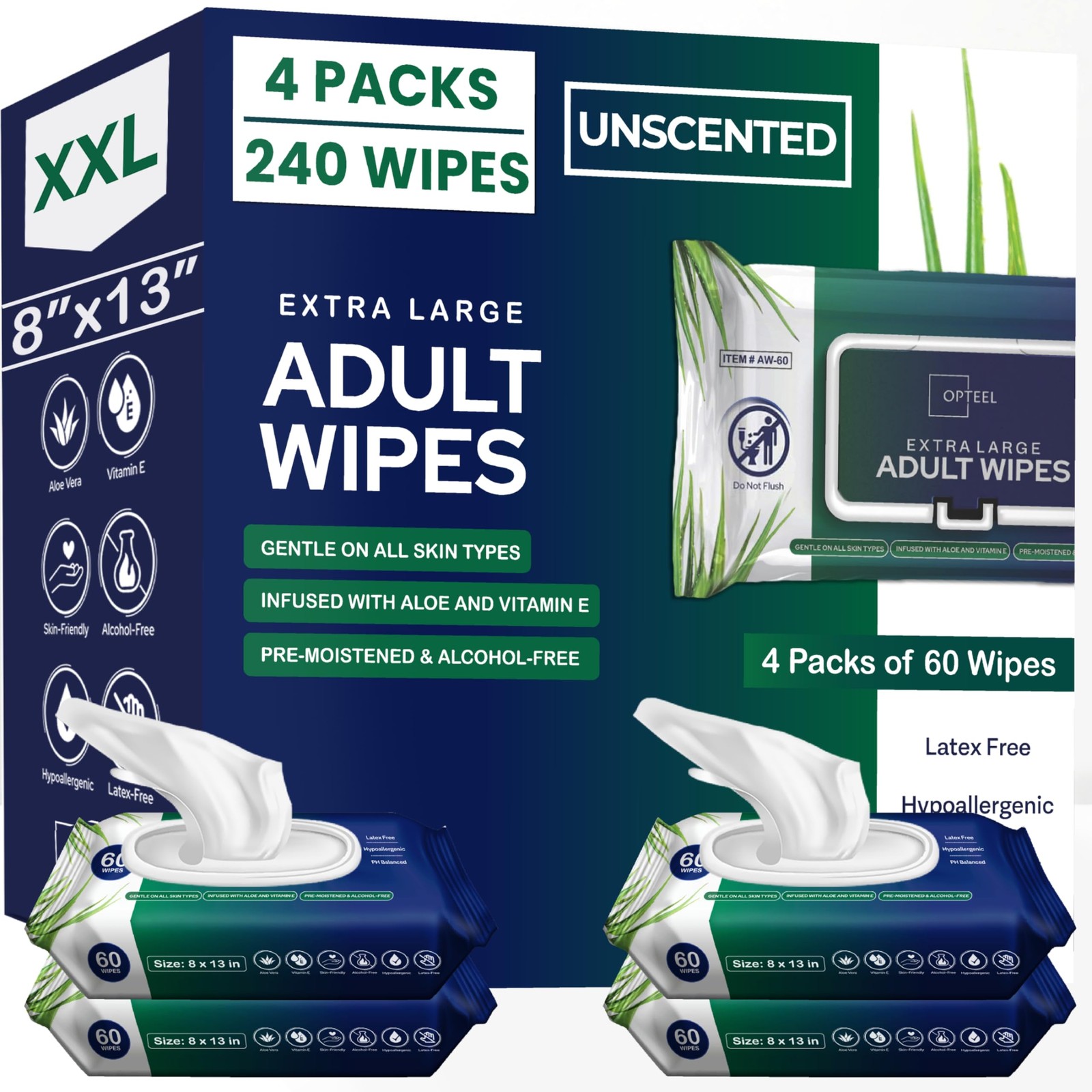 OPTEEL Adult Wipes For Elderly – 8″x13″ Extra Large & 1 Count (Pack of 240)