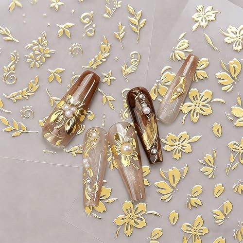 6Pcs Gold Flower Nail Stickers 3D Nail Art Stickers Spring Nail Decals Style7