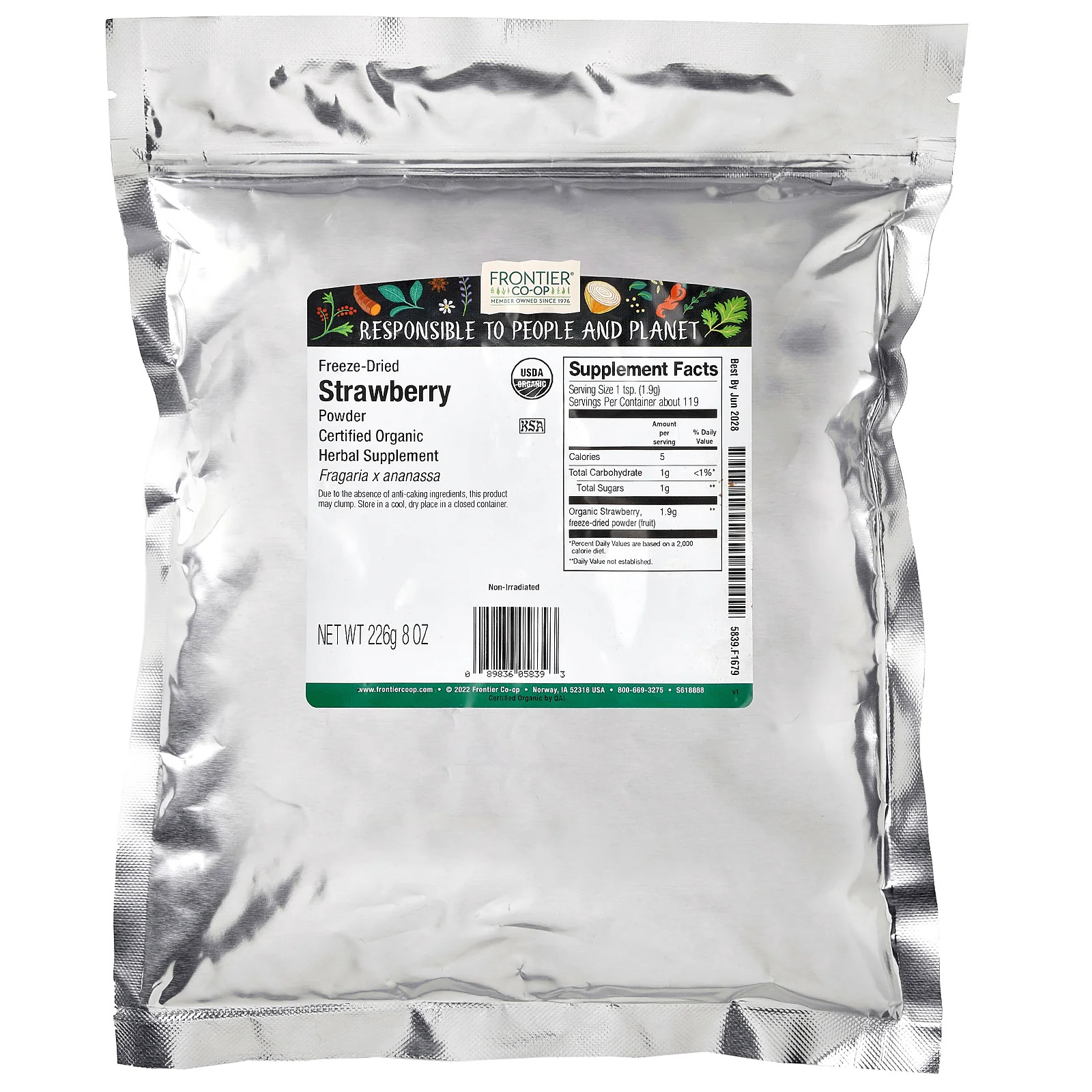 2 X Frontier Co-op, Organic Freeze-Dried Strawberry Powder, 8 oz (226 g)