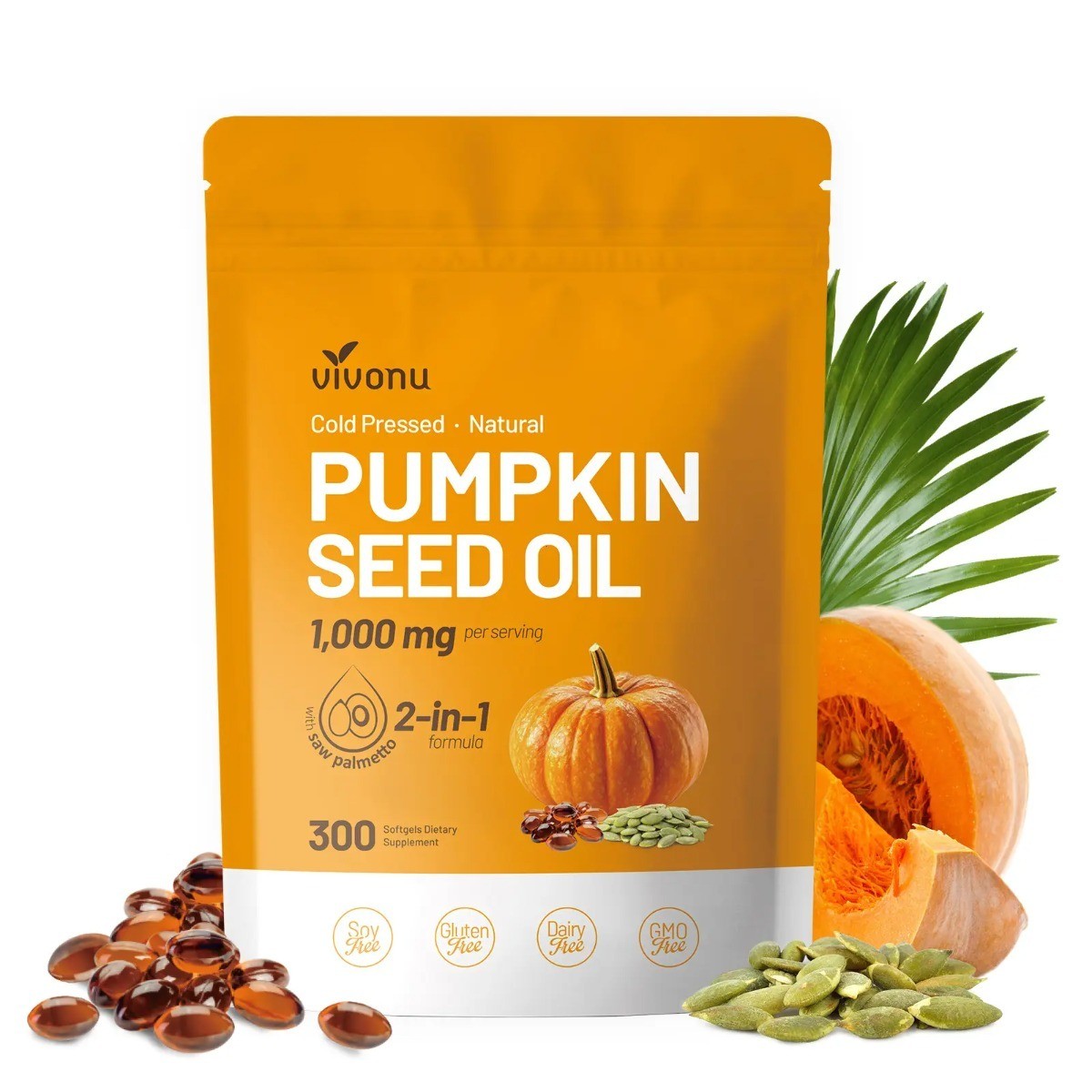 VIVONU Pumpkin Seed Oil with Saw Palmetto 300 Softgels,1000mg