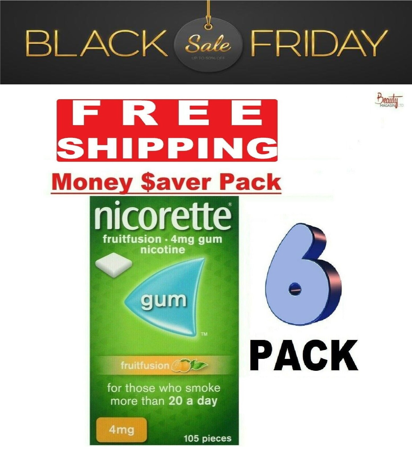 6 x Nicorette Gum FRUIT FUSION 4mg 105Pieces-“FREE SHIPPING TO USA”