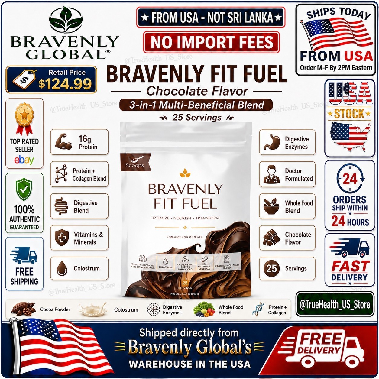Bravenly Fit Fuel Chocolate Protein Collagen Digestive Blend Sealed🚚FROM USA🚚