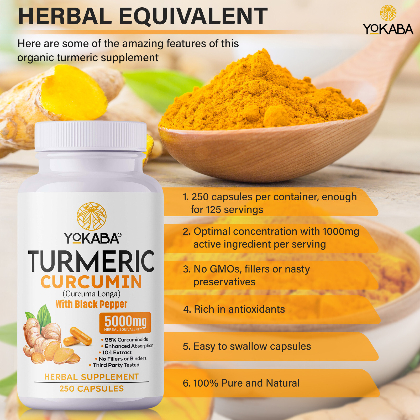 500 Capsules Turmeric Curcumin 5000mg Herbal Extract with BioPerine by YOKABA