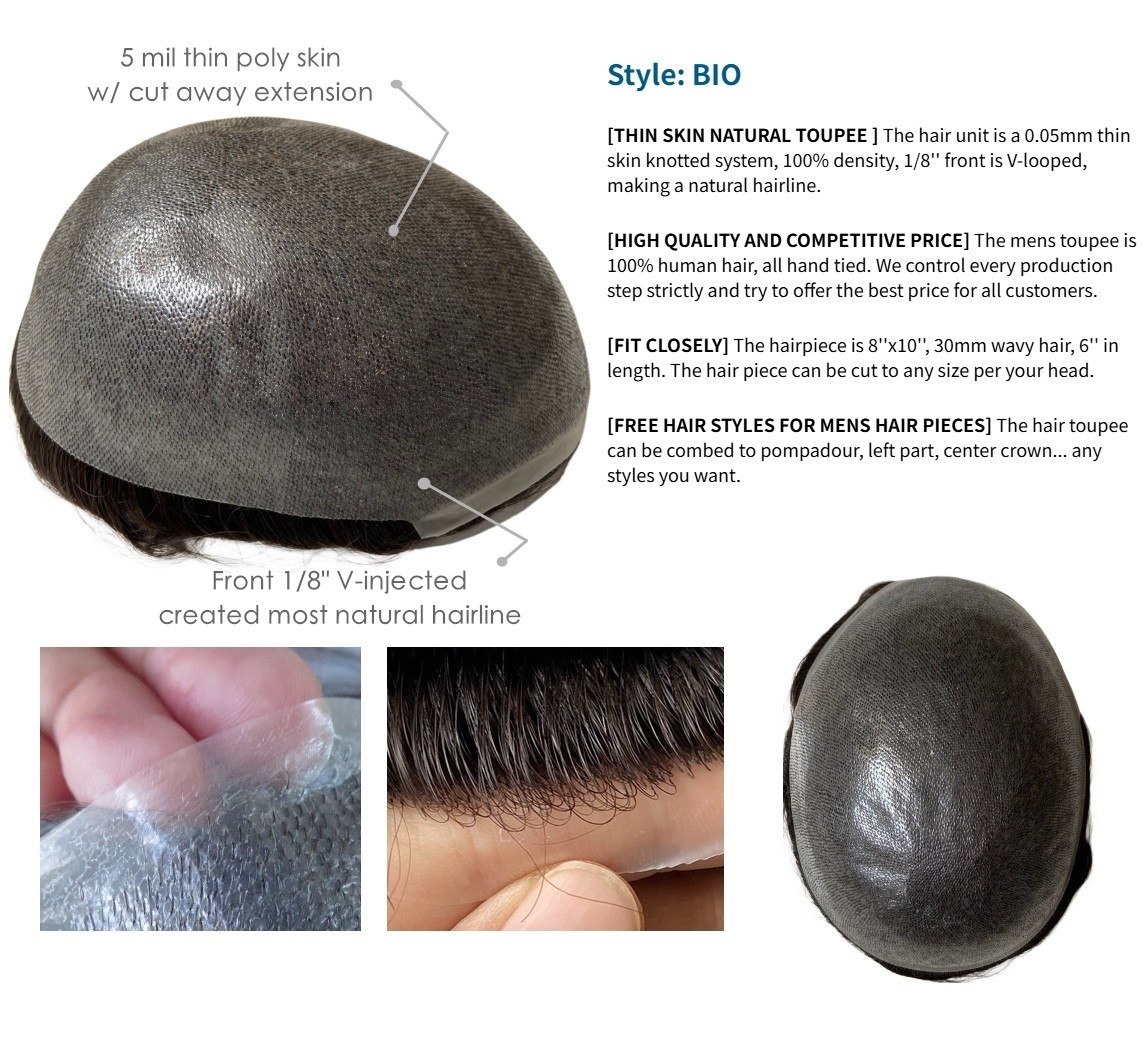 Human Hair Mens Toupee V-looped Front 0.05mm Super Thin Skin Hair Replacement