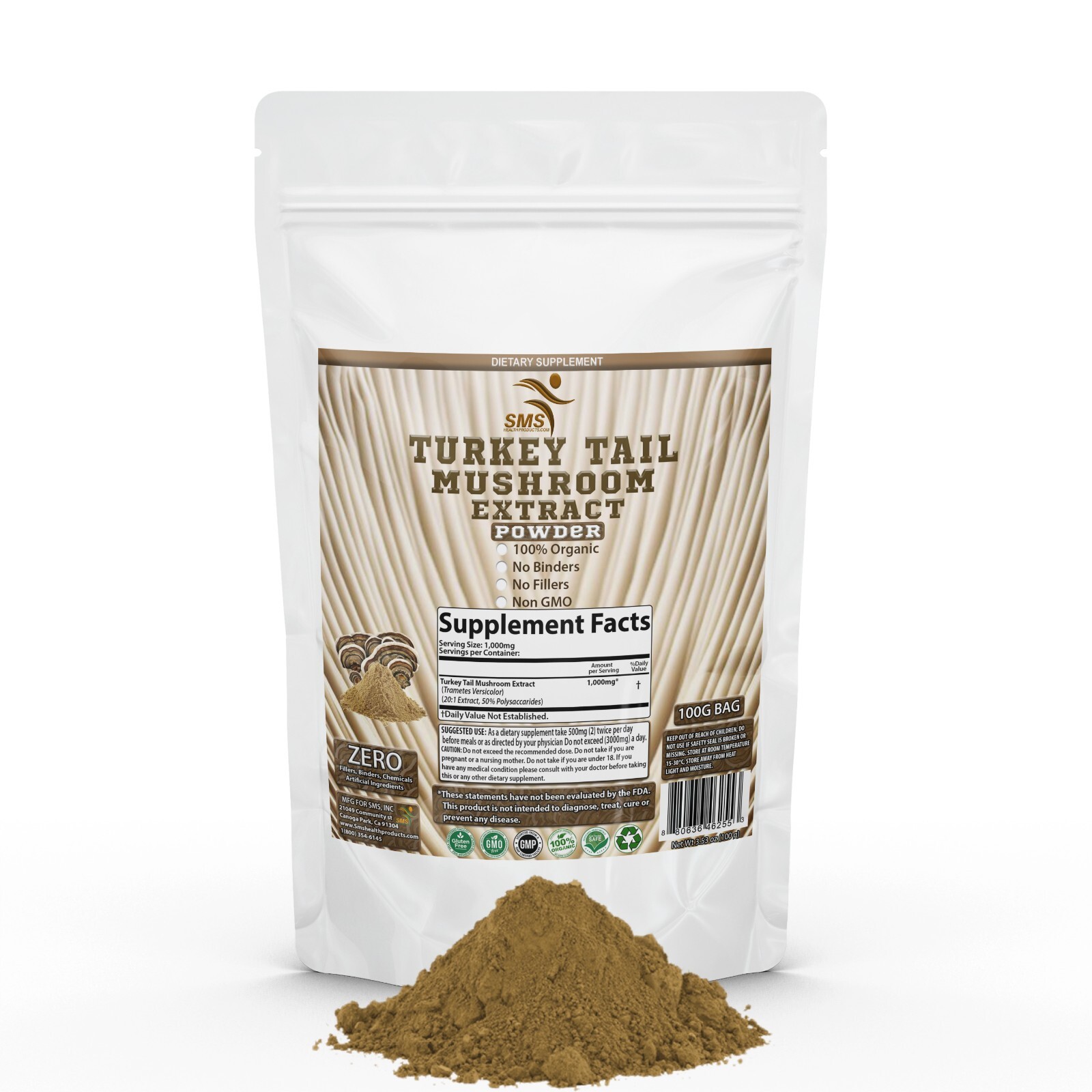 Turkey Tail Mushroom Extract Powder 100G 50% Polysaccharides Organic Non GMO