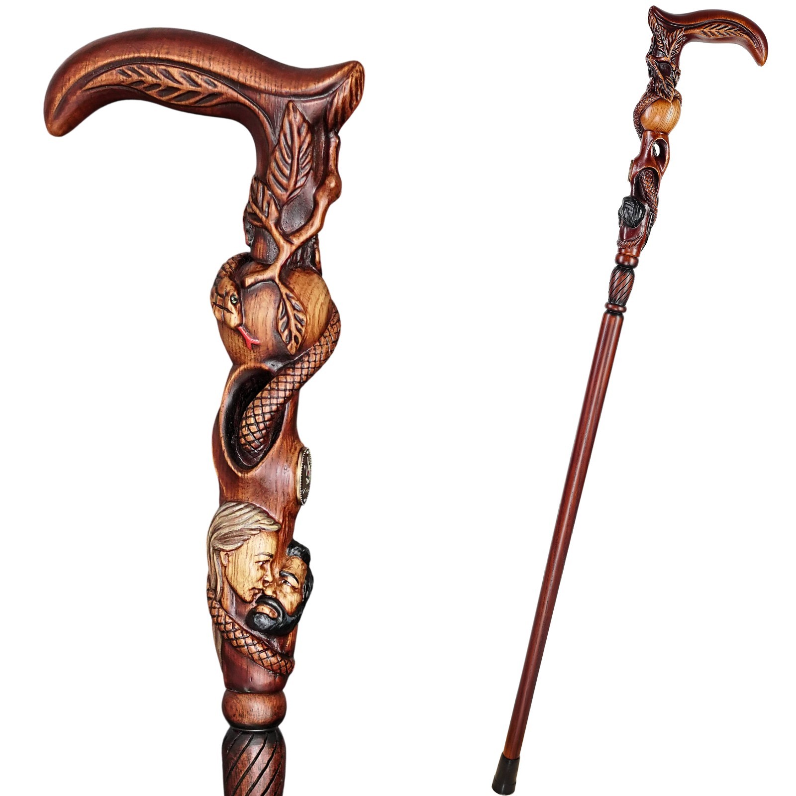 Adam Eve Walking cane Paradise Aple & Snake Wooden walking stick Religion style