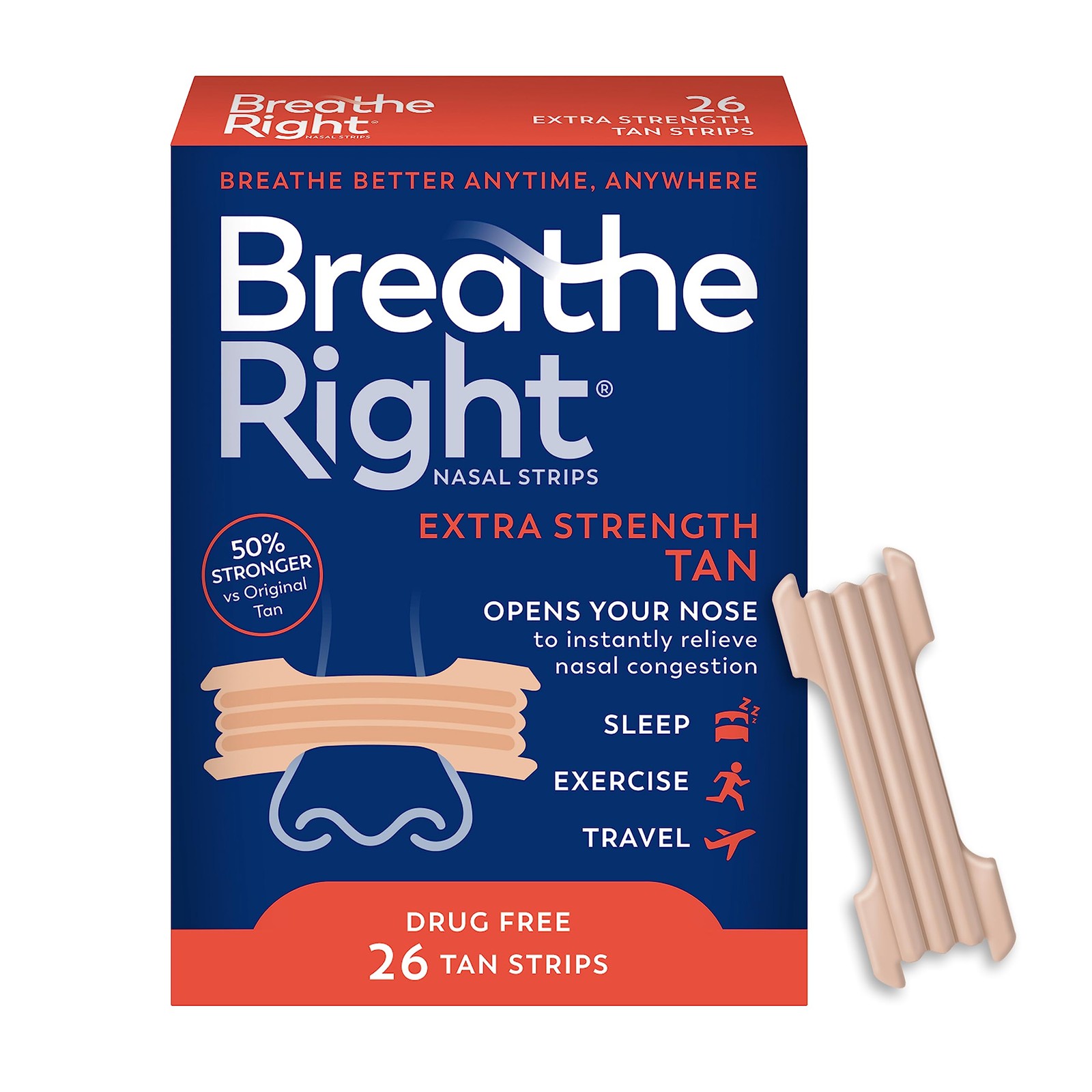 Breathe Right Nasal Strips, Extra Strength Tan Nose 26 Count (Pack of 1),