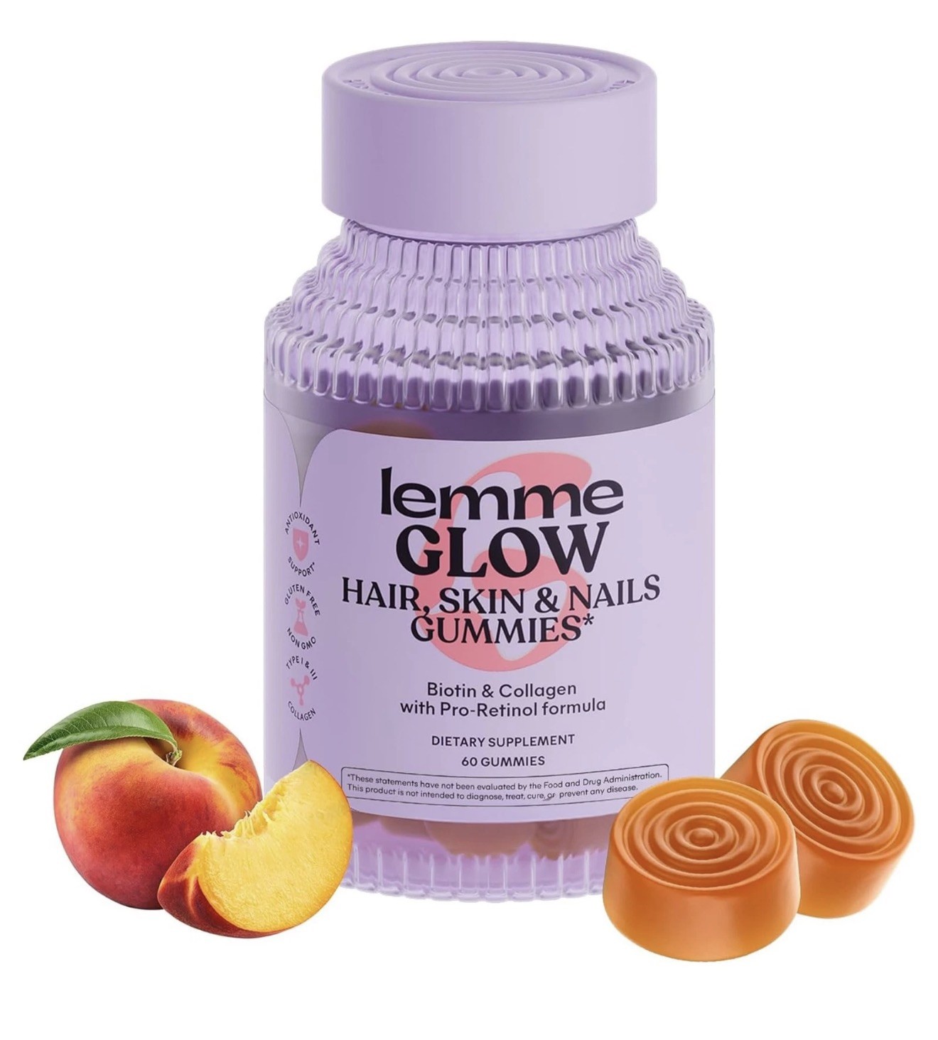 Lemme Glow Hair, Skin & Nails Gummies Biotin & Collagen 60 Count, 08/27 EXP