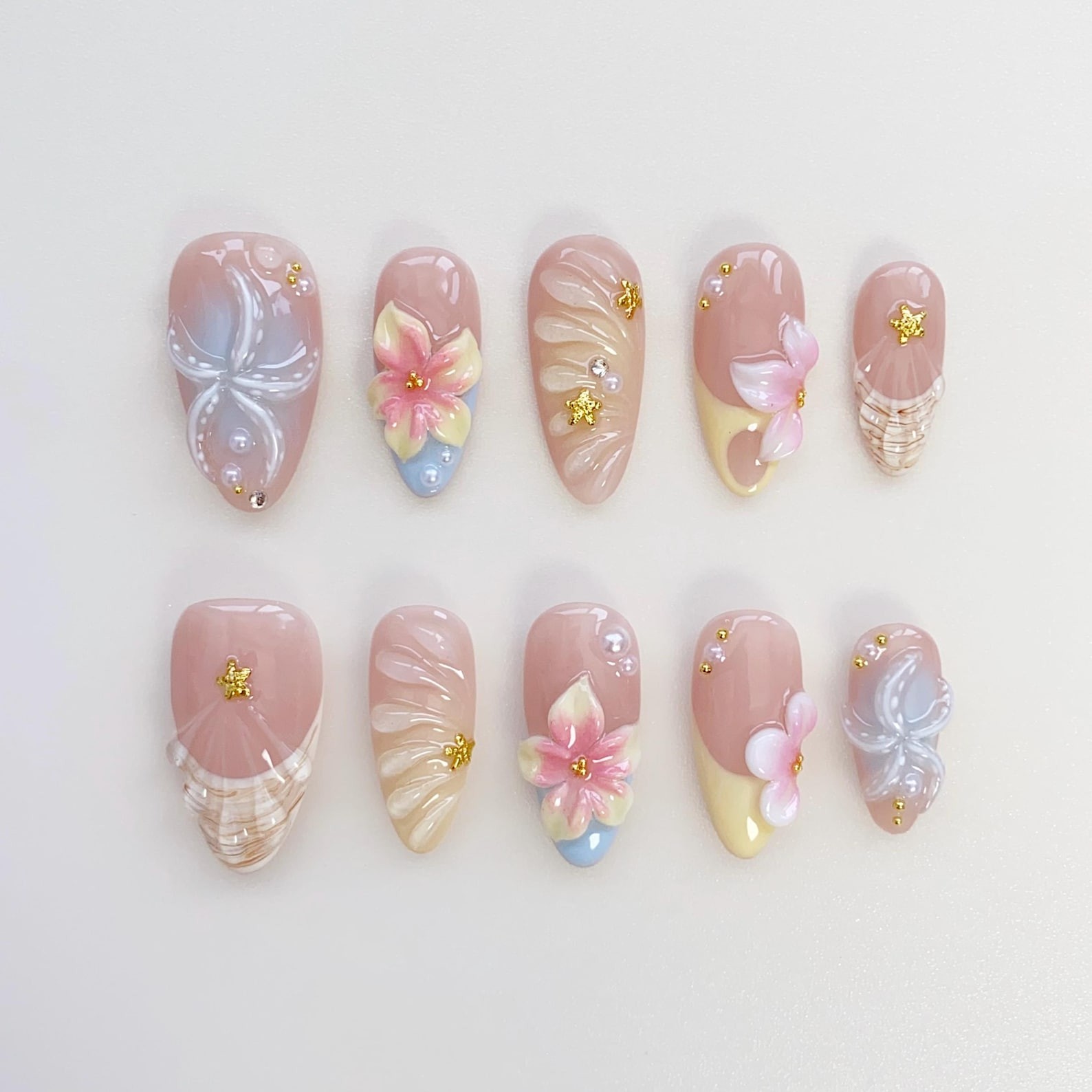 Handmade 3D Plumeria Seashell Starfish Medium Almond Summer Press on Nails