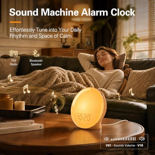 Full-Screen Wake Up Light Sunrise Alarm Clocks for Bedrooms, Honey Oak Wood