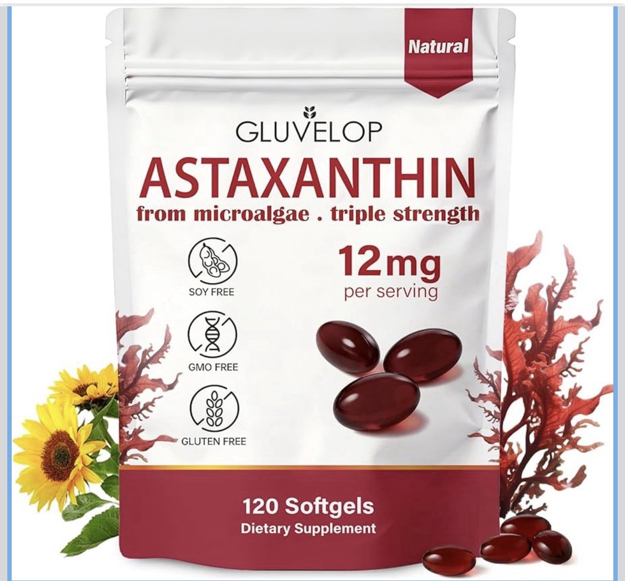 Astaxanthin 12mg Antioxidant Skin Eye Immune 120 Softgels Non-GMO Strong
