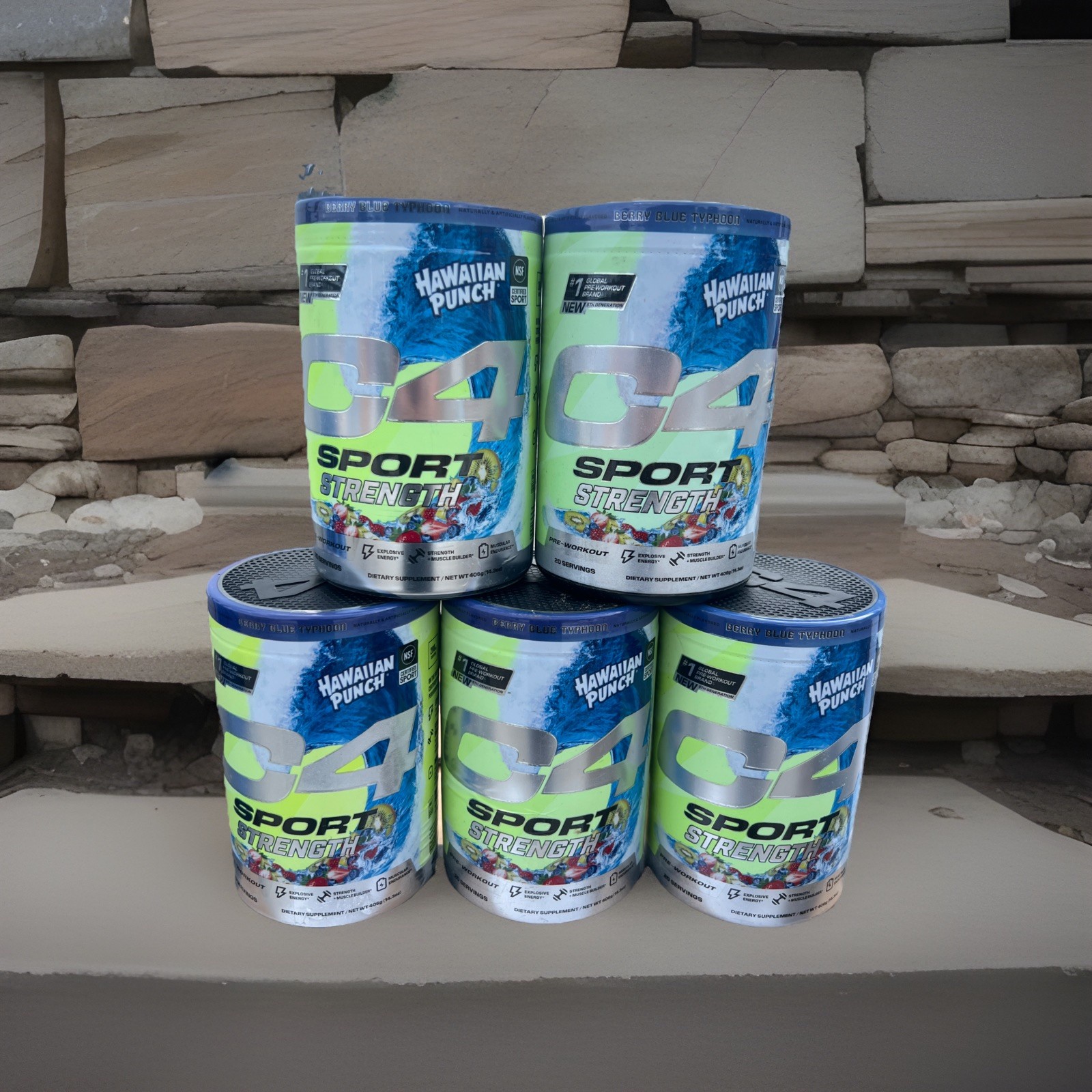 5x C4 Sport Strength Hawaiian Punch Berry Blue Typhoon Pre-Workout 100 Servings