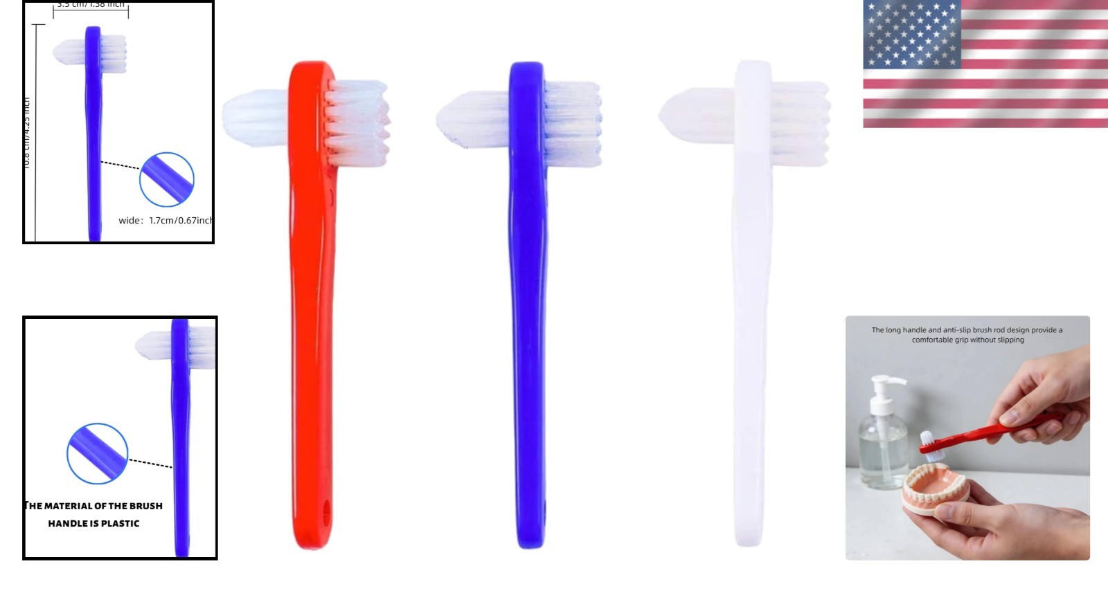 Double-Sided Denture Care Toothbrush Set – 3 Vibrant Color Brushes for Adults