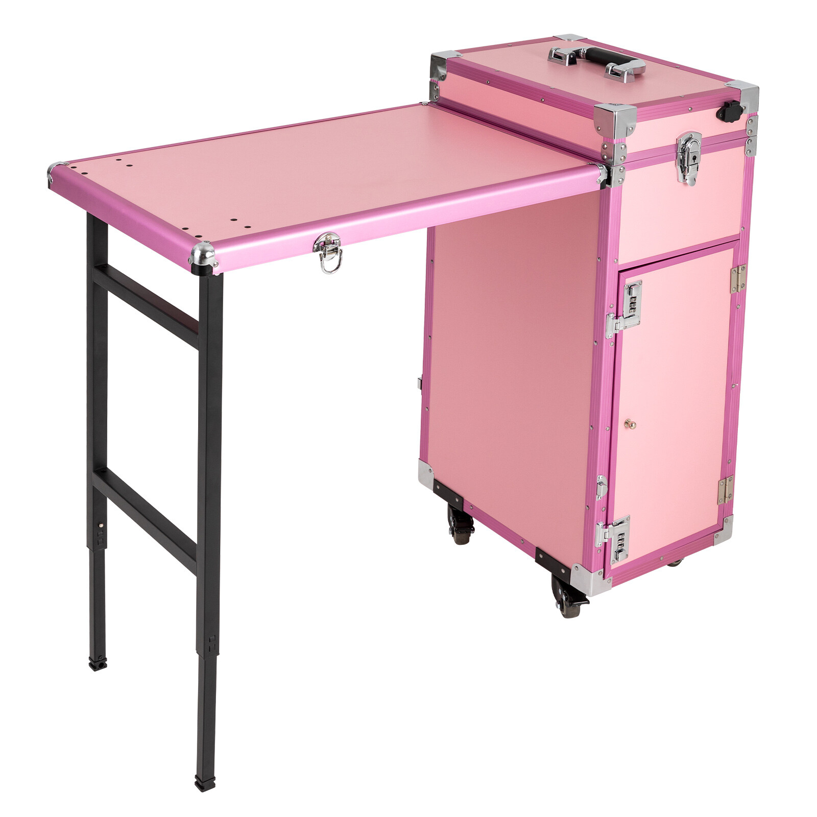 Pink US Standard Rolling Manicure Desk Makeup Train Case Travel Cosmetic Trolley