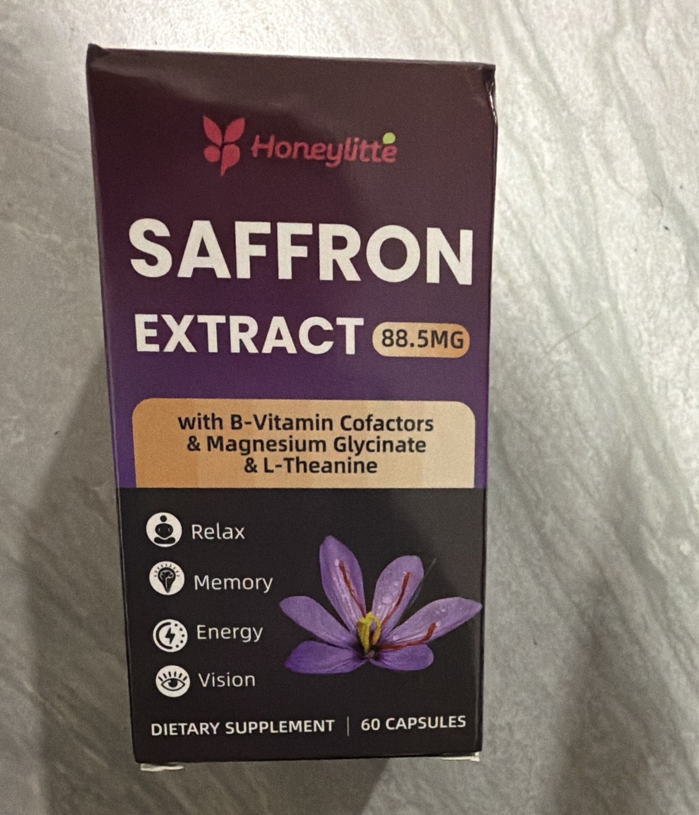 Honeylitte Saffron Extract 88.5mg + B-Vitamins, Mg Glycinate, L-Theanine 60