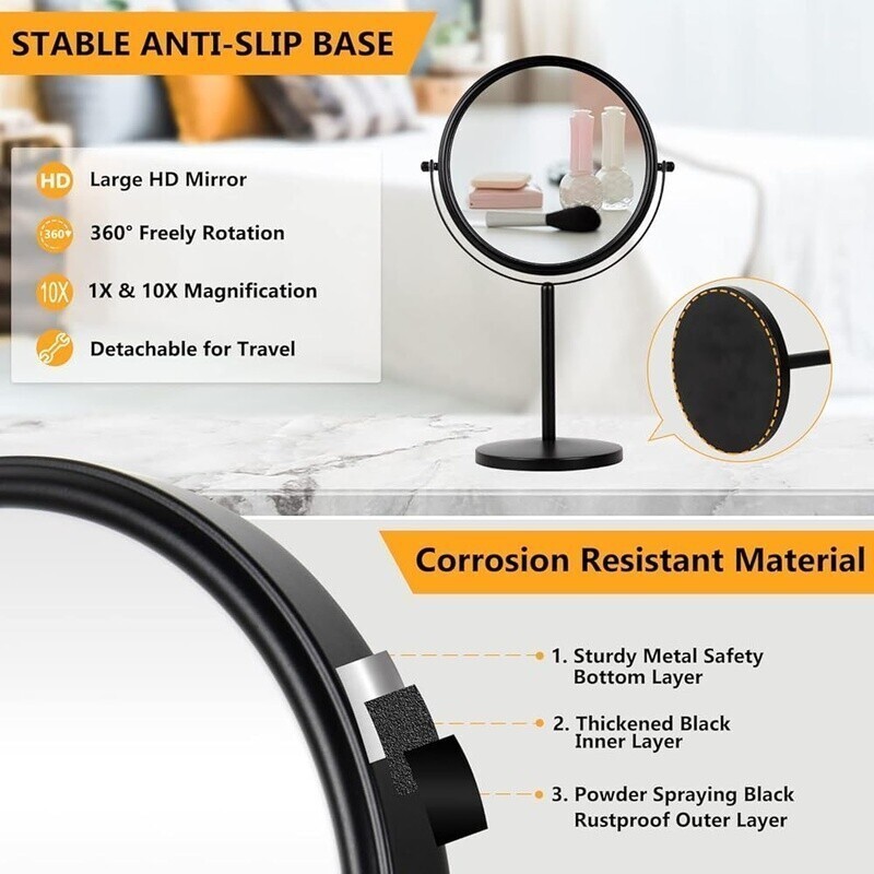 10x Magnifying Makeup Mirror Dual Sided 8 Inch Swivel Tabletop Anti Slip Design