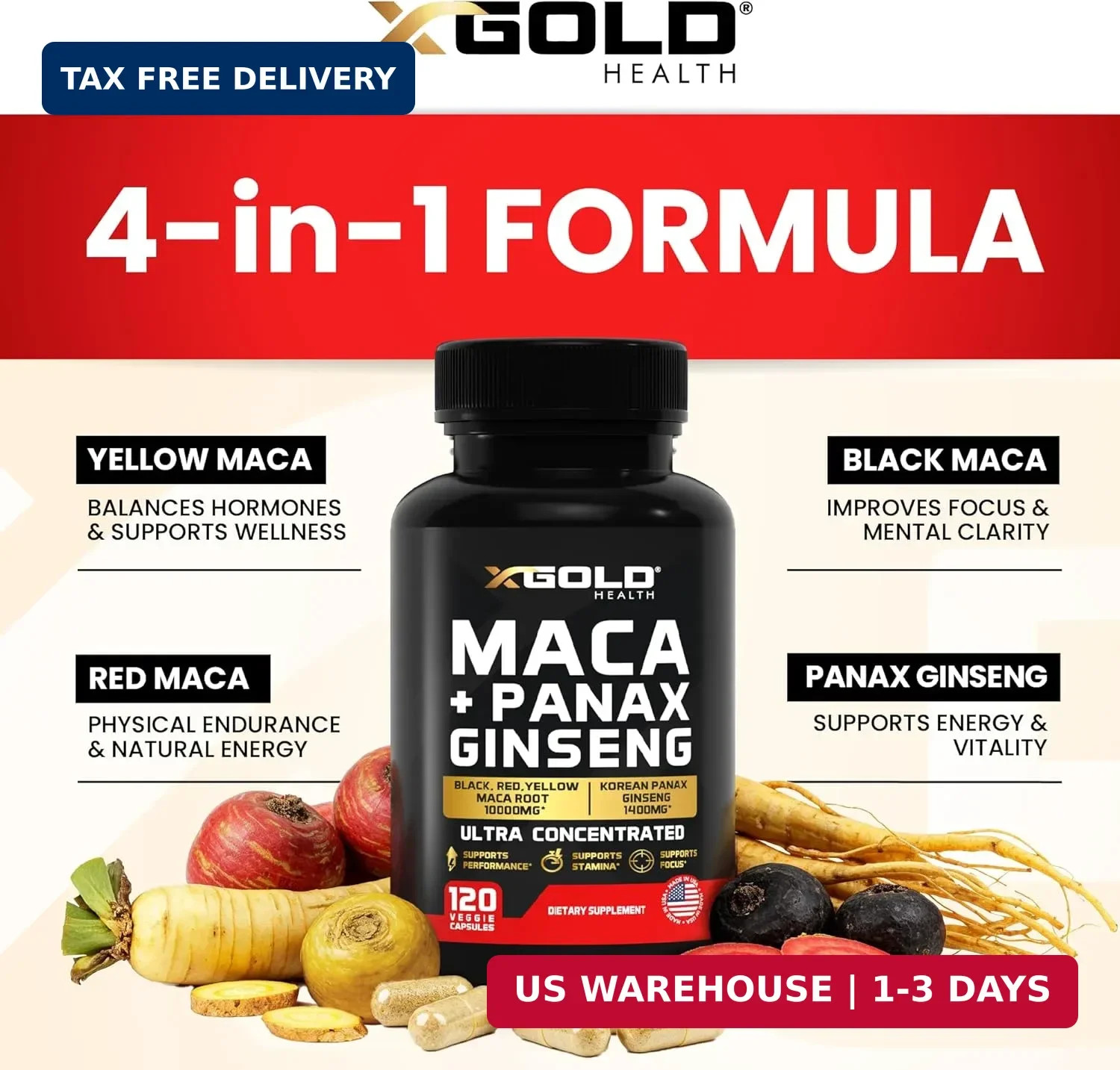 Maca Root Capsules 20:1 Extract + Korean Panax Ginseng10:1 Extract – 20x Concent