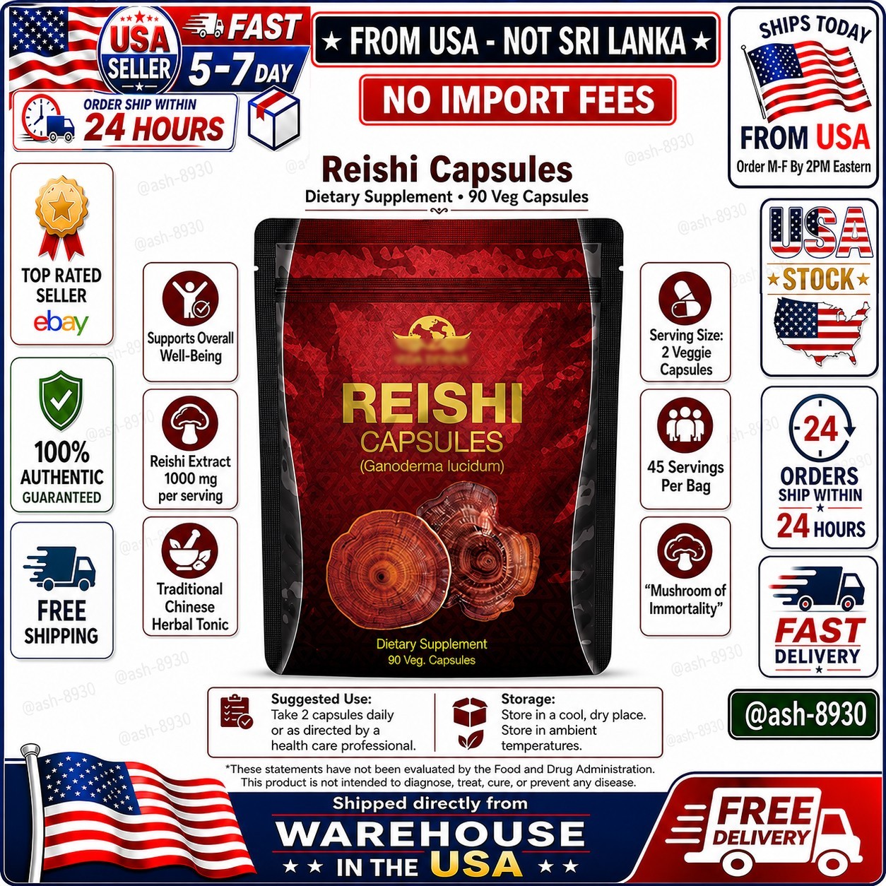 Reishi Gano Capsules Mushroom Wellness Supplement – 90 Capsules NEW🚚From USA🚚