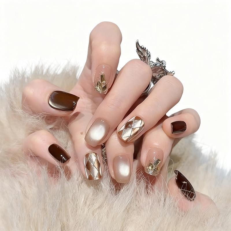-Press On Nails, Brown Cat’s Eye Square Tips, Short Length, Reusable Full