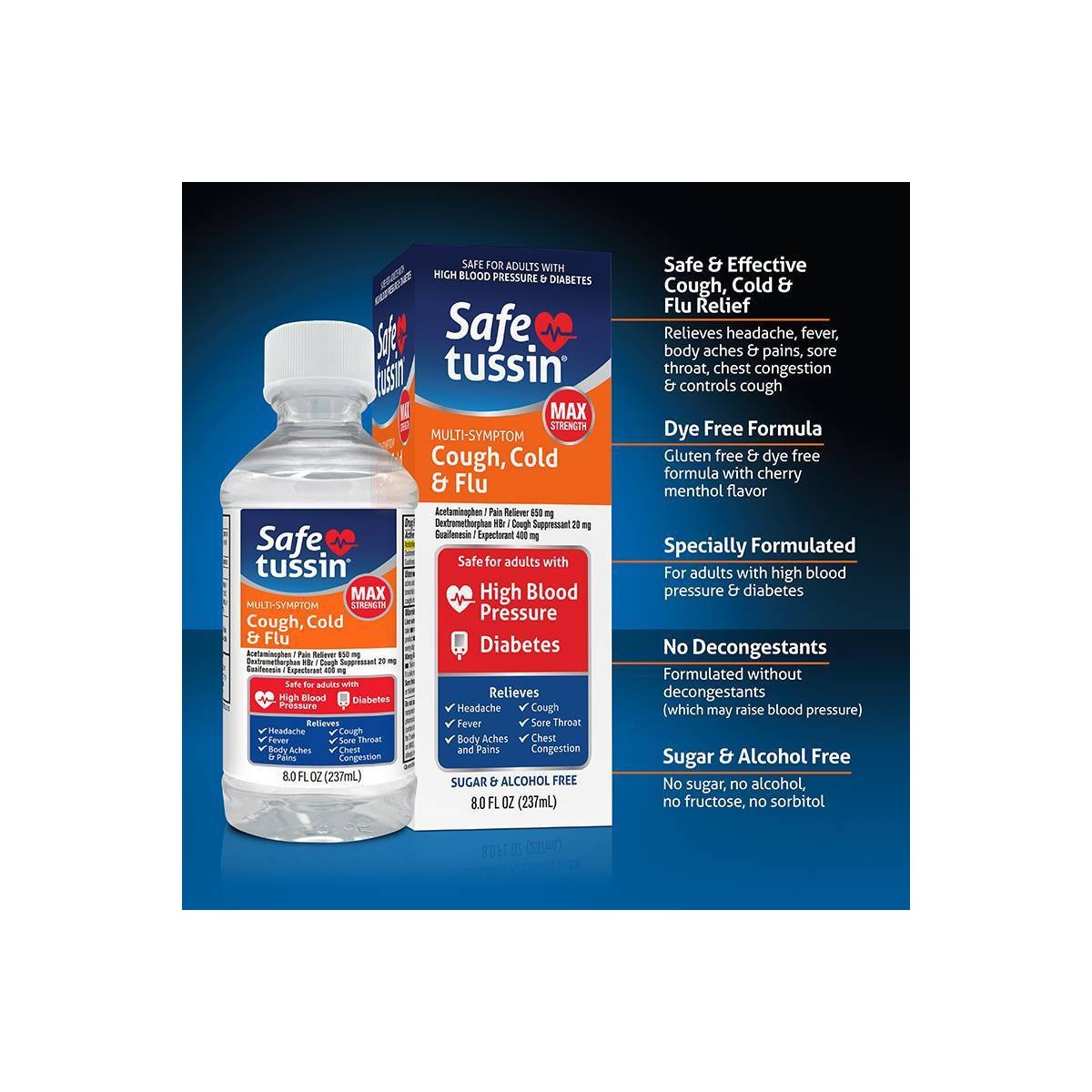 Safetussin Max Strength Multi-Symptom Cough Cold & Flu Liquid – 8 fl oz