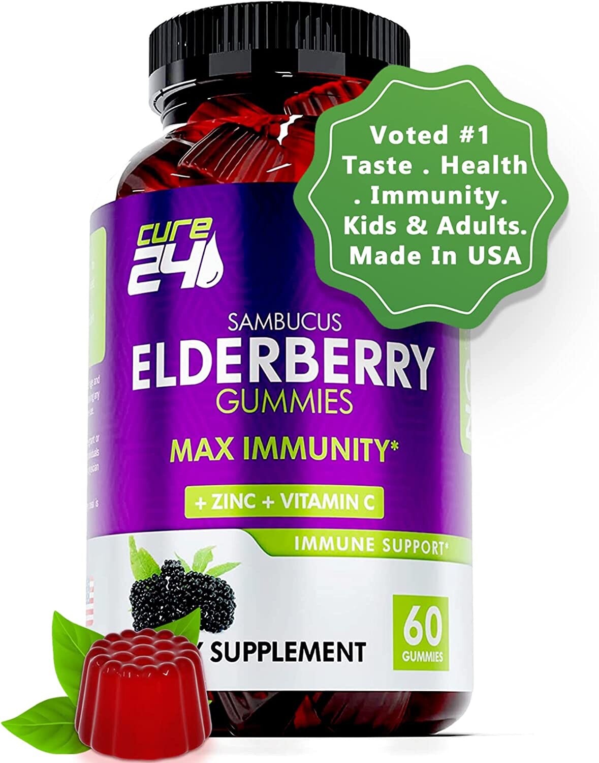 Cure24 Sambucus Natural Elderberry Gummies Zinc and Vitamin C,Kids & Adults 60