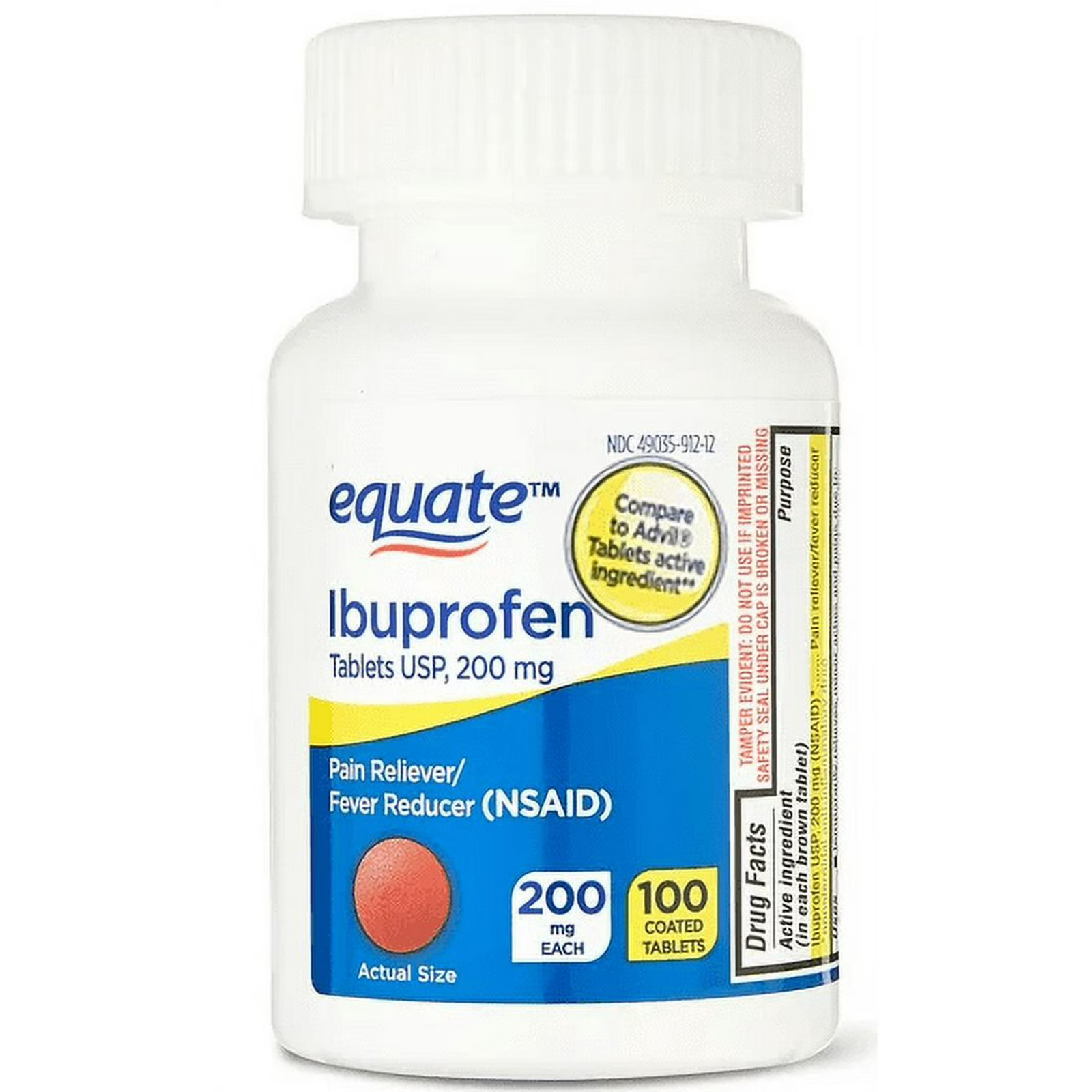 Equate Ibuprofen Tablets USP, Pain Reliever 200mg 100 Coated Tablets